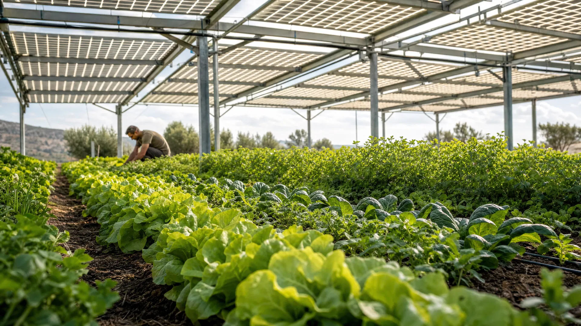 Crops growing under agrovoltaic panels
