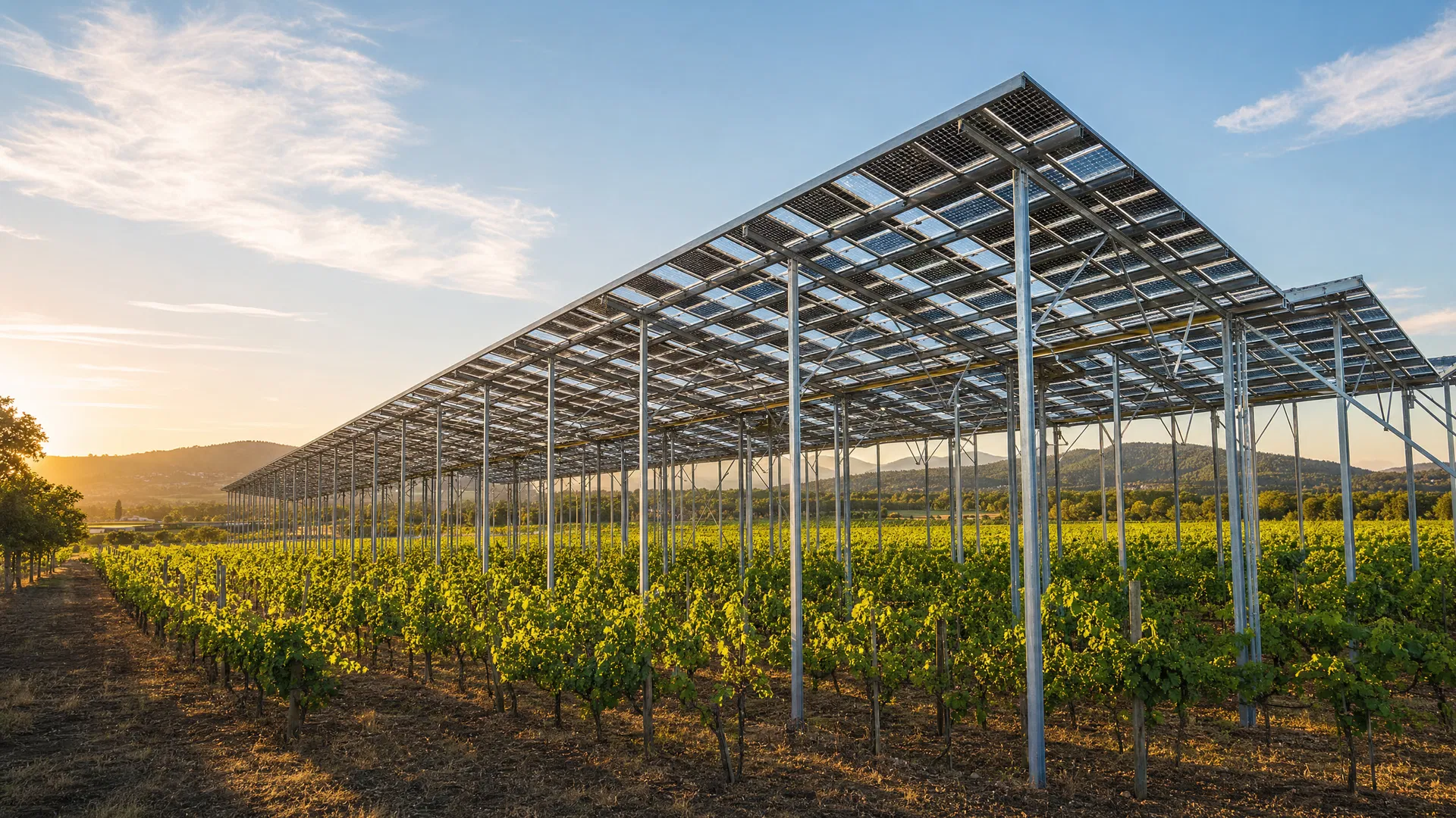 Agrovoltaic structure with transparent panels over vineyard