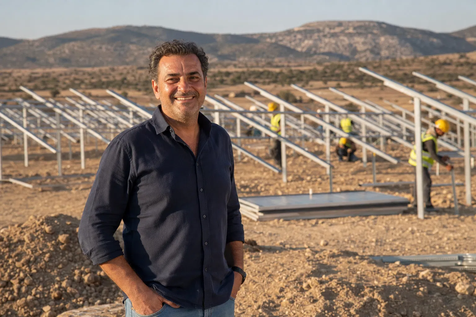 Landowner in front of solar project under construction
