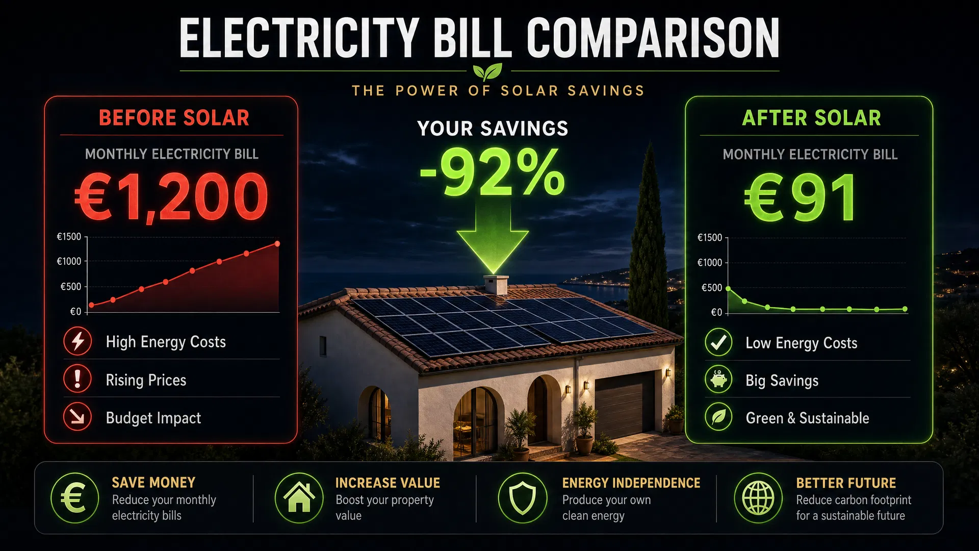 Electricity Bill Comparison — Before Solar €1,200/month vs After Solar €91/month, showing 92% savings