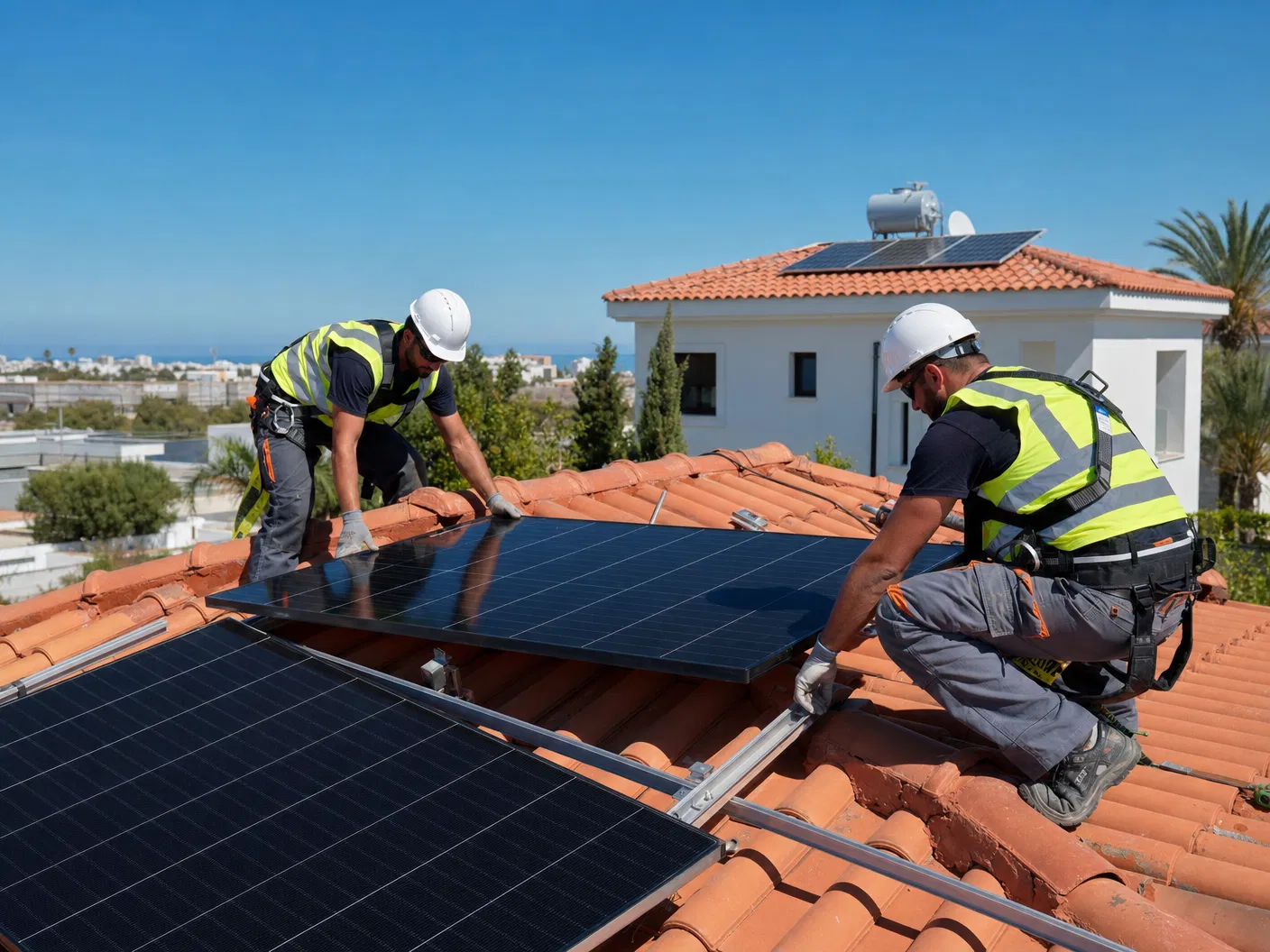 Solar panel installation in progress on a Cyprus rooftop
