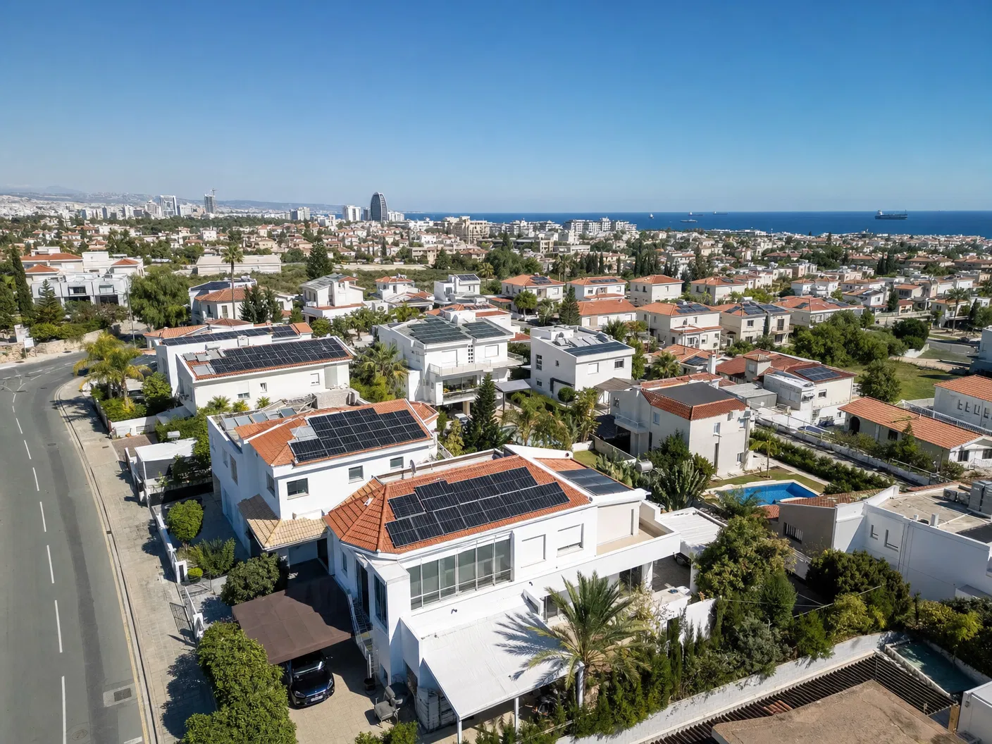 Aerial view of solar-powered neighborhood in Limassol